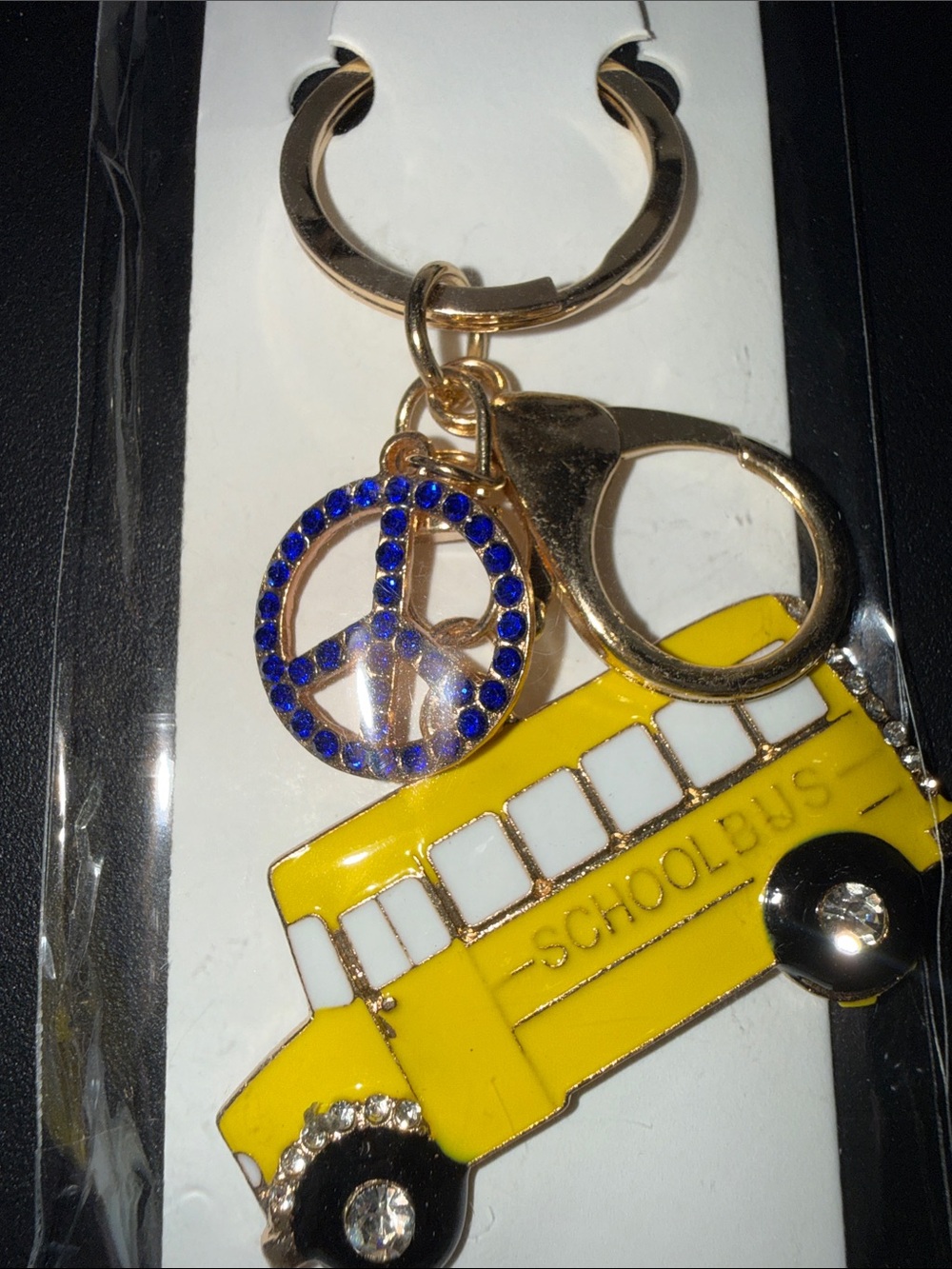 Kids Yellow School Bus Keychain with Blue Peace Charm